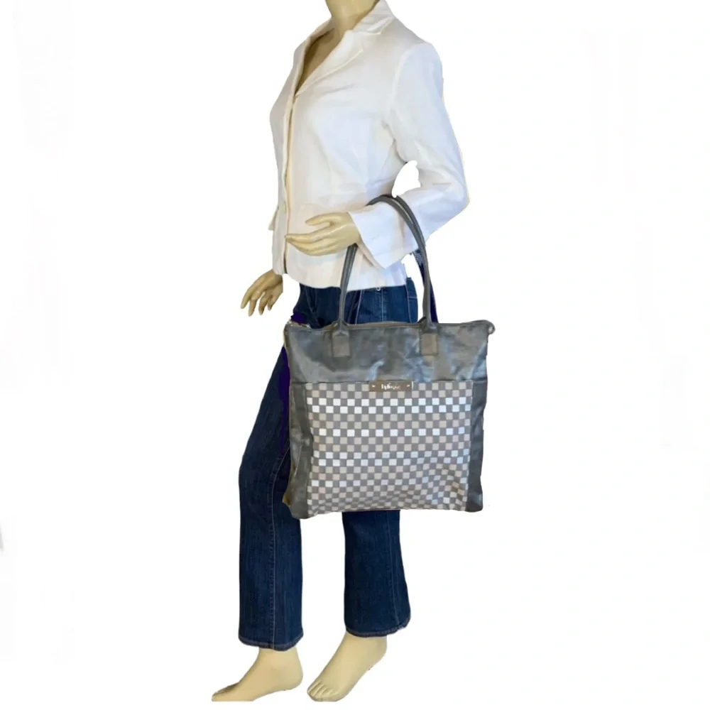KIPLING GRAY LEATHER WITH NYLON WEAVE ACCENTS "CARLISA" TOTE SHOULDER BAG - Picture 3 of 10